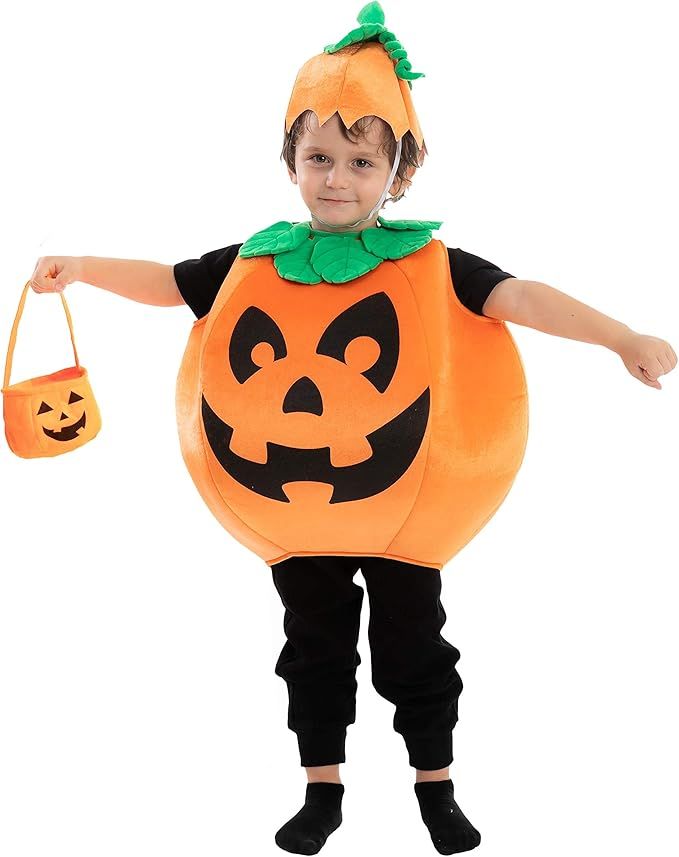 Child Pumpkin Costume with a Pumpkin Basket and a Hat for Halloween Dress Up Party | Amazon (US)