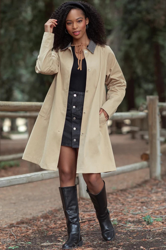 Camel Plaid Contrast A-Line Midi Trench Coat | PinkBlush Maternity