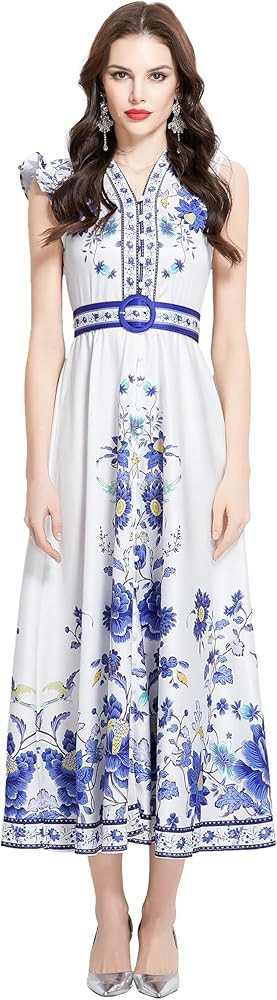 LAI MENG FIVE CATS Women's Floral Print V-Neck Sleeveless Elegant Button up Maxi Dress | Amazon (US)