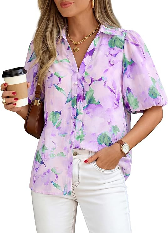BTFBM Womens Tops Summer Button Down Shirts Casual Short Sleeve V Neck Floral Boho Business Blous... | Amazon (US)