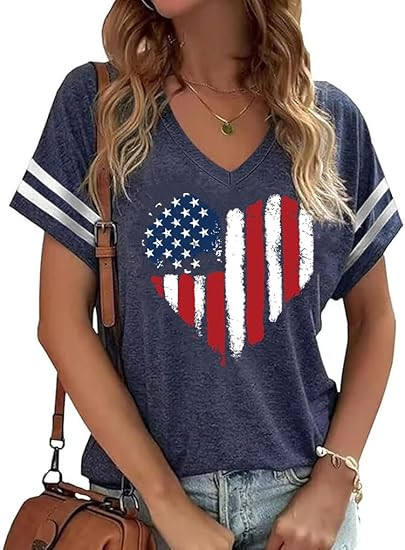 American Flag Shirts Women 4th of July V-Neck Short Sleeve Patriotic T-Shirt Memorial Day Graphic... | Amazon (US)