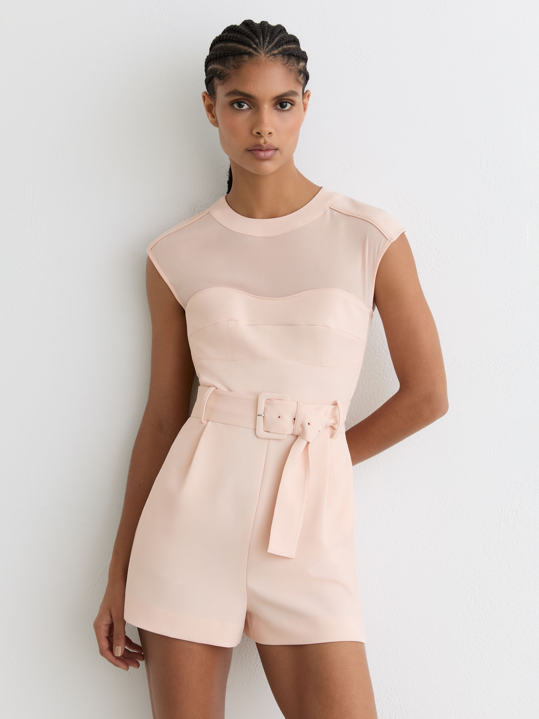 Reiss Sheer-Panel Structured Belted Playsuit in Pale Pink | REISS | Reiss US