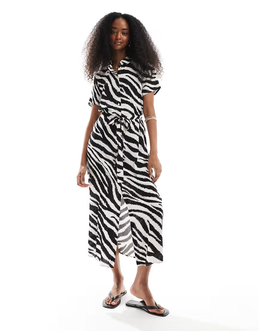 Vero Moda easy button down long shirt dress in zebra print-White | ASOS (Global)