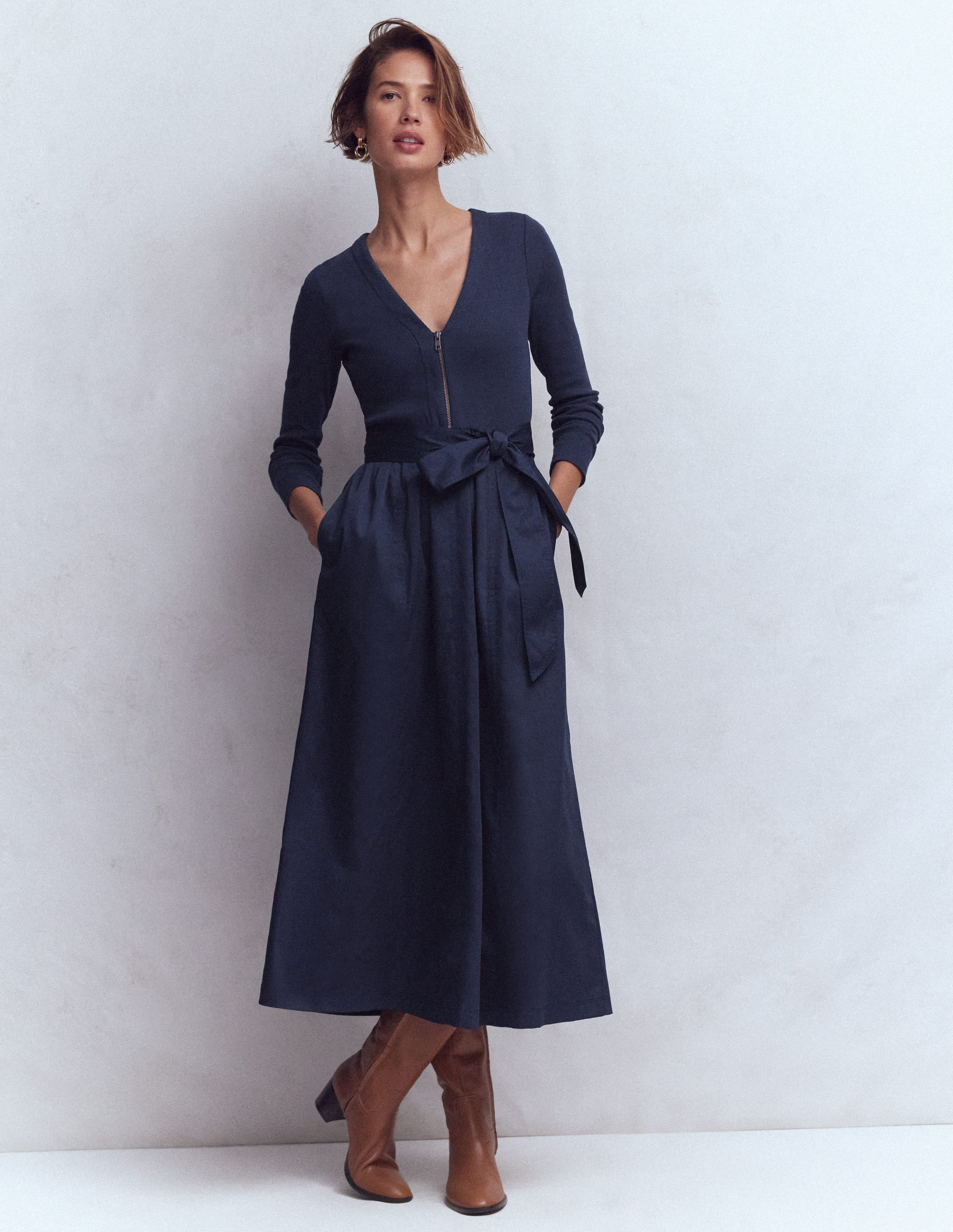 Long Sleeve Mix Media Dress-Navy | Boden (US)