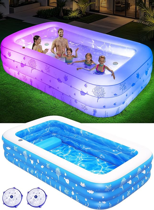 Inflatable Pool with Seat and Pool Lights, Durable Thickened Large Size Family Inflatable Pools f... | Amazon (US)