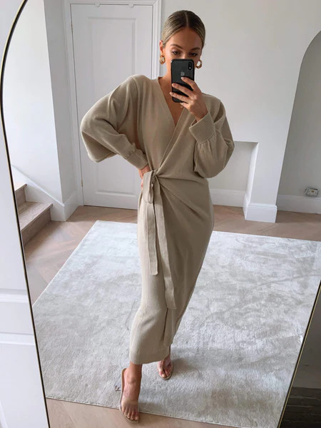 Beau Wrap Midi Dress - Light Beige | Pretty Lavish (UK)