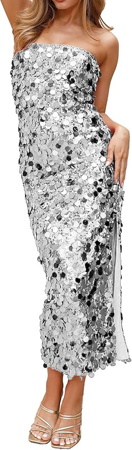 YYA Women's Midi Strapless Dress Sequin Strappy Bodycon Party Dress Sparkly Glitter Ruched Party ... | Amazon (US)