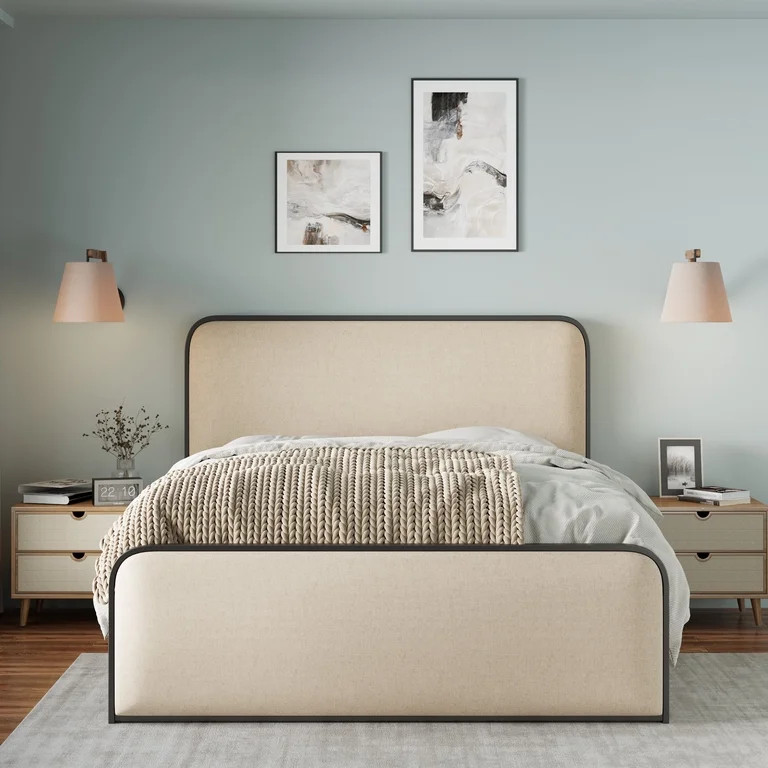 Euroco Metal Bed Frame with Upholstered Headboard, King Size Platform Bed for Adults, Beige - Wal... | Walmart (US)