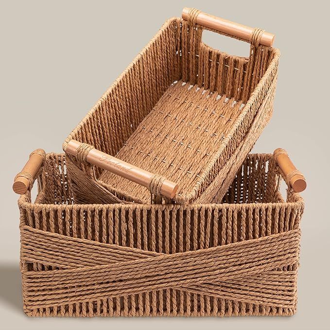 Storage Basket with Handle, Large Rectangular Wicker Basket for Organizing, Decorative Wicker Sto... | Amazon (US)