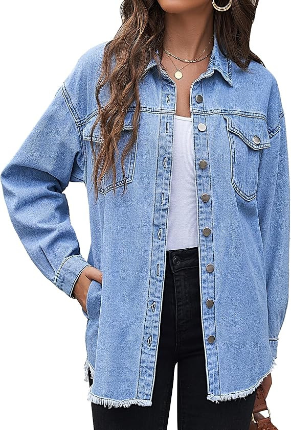 LookbookStore Jean Jacket Women Trendy Oversized Button Down Long Sleeve Frayed Hem Denim Shirt J... | Amazon (US)