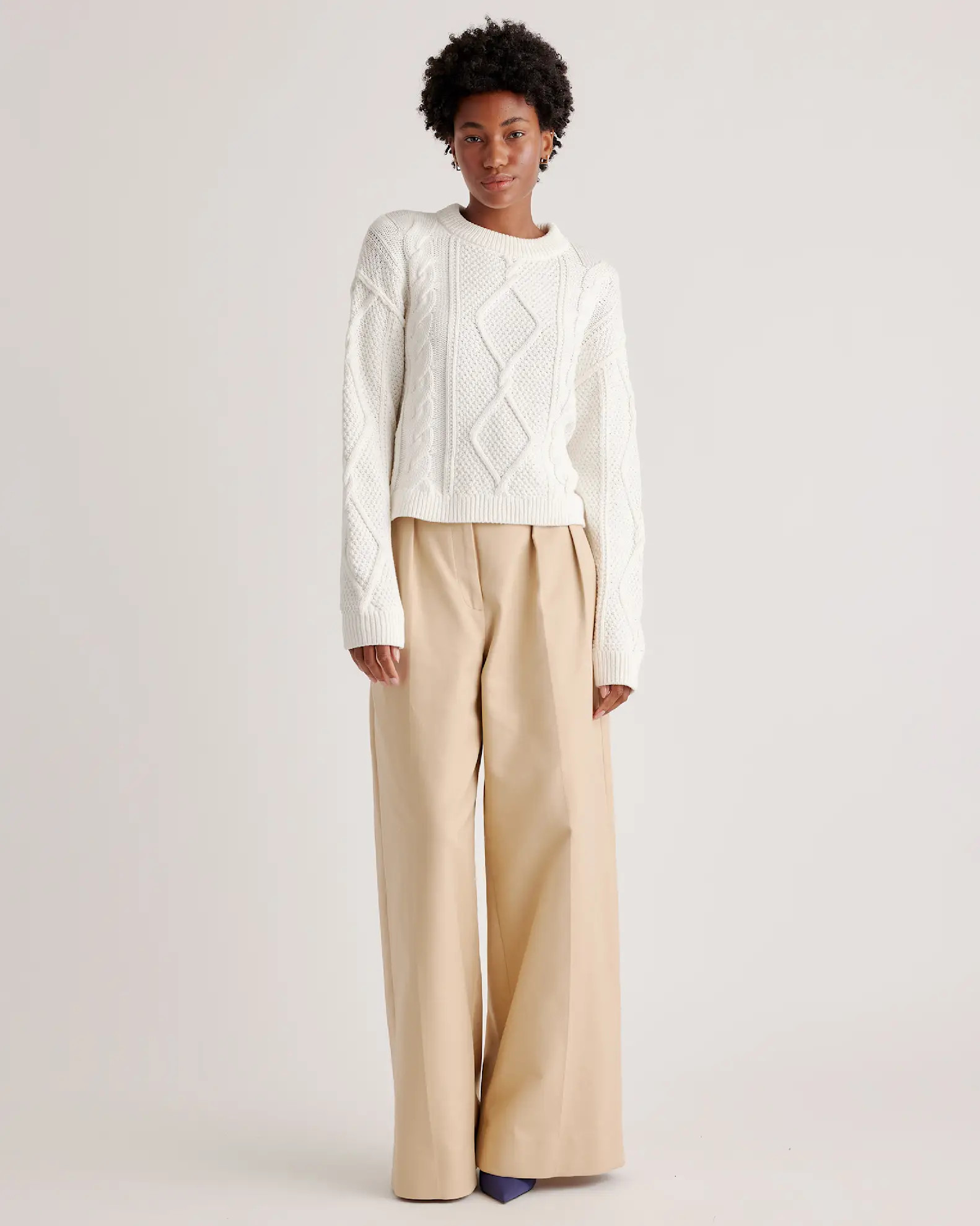 100% Organic Cotton Cropped Cable Crew Sweater | Quince