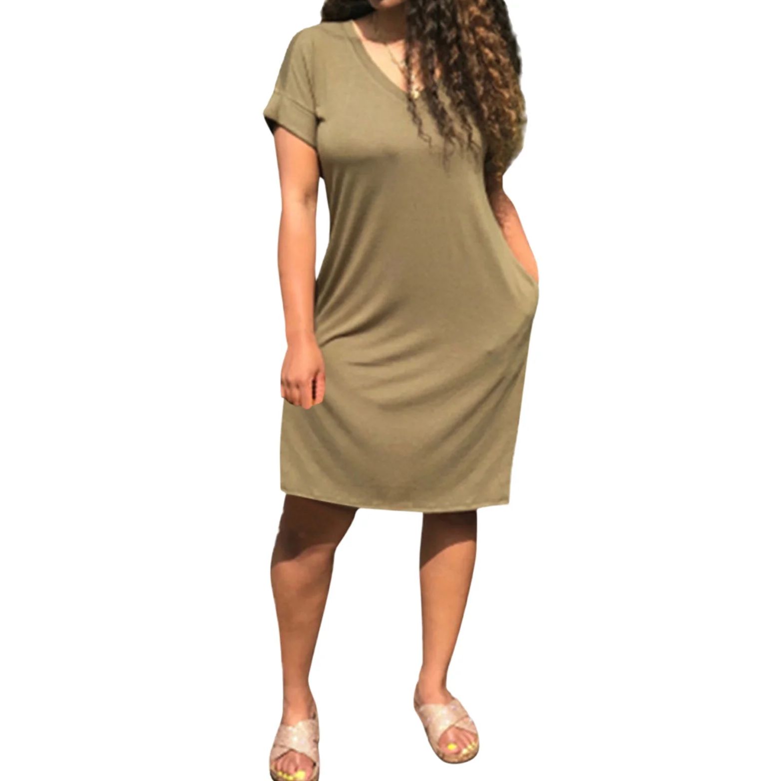 Women's Summer Casual T Shirt Dress V-Neck Short Sleeve Mid-Length Dress Pockets - Walmart.com | Walmart (US)