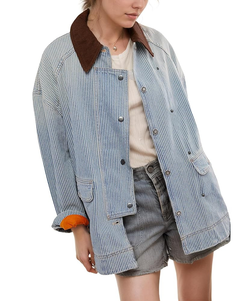Kedera Women's Jean Jacket Oversized Striped Denim Jacket Long Sleeve Button Down Fashion Fall Sh... | Amazon (US)