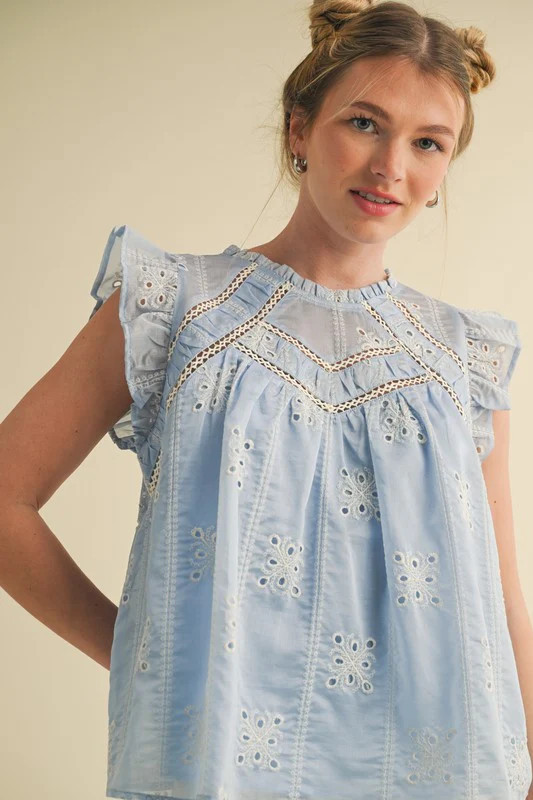 Sky Blue Eyelet Top Large | HAILOS