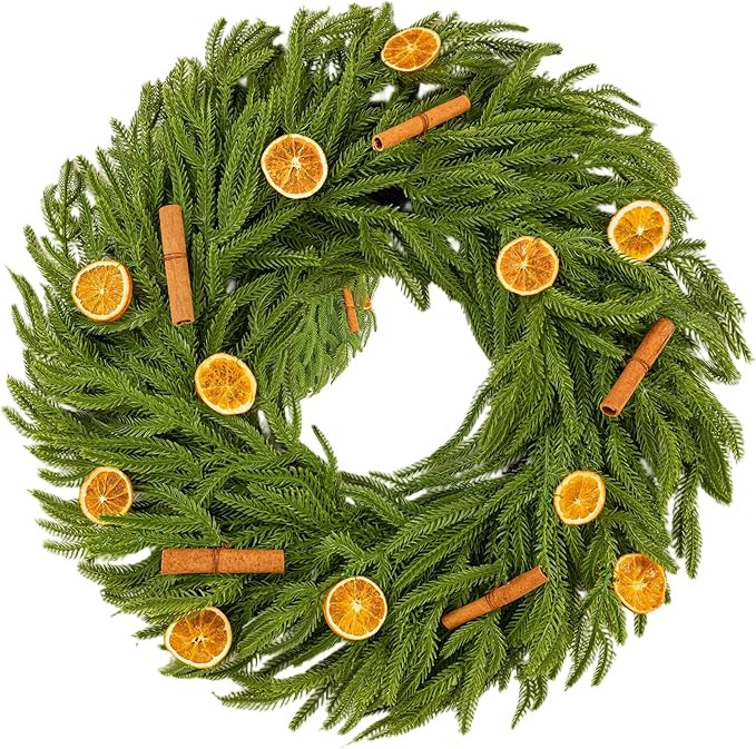 24INCH Real Touch Norfolk Pine Wreath, Christmas Wreaths for Front Door with Natural Dried Orange... | Amazon (US)