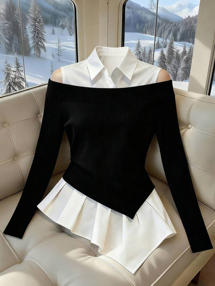 Franclia Women's French-Style Minimalist Fashion Irregular Faux Two-Piece Off-Shoulder PLOL Collar Long-Sleeved Classic Black And White Color-Blocked New Women's Top, Black And White Color-Blocked Shirtwinter For Women,Christmas,New Year ,White For New Year's Eve,Party,Beach,Elegant,Casual,Casual For Women,Romance, Valentine's Day, Dating,Graduation Season Attire, Fashionable Casual Commuter Wear, Business Office Wear, Versatile And Stylish Everyday Casual Wear, Urban Teacher's Professional Attire | SHEIN