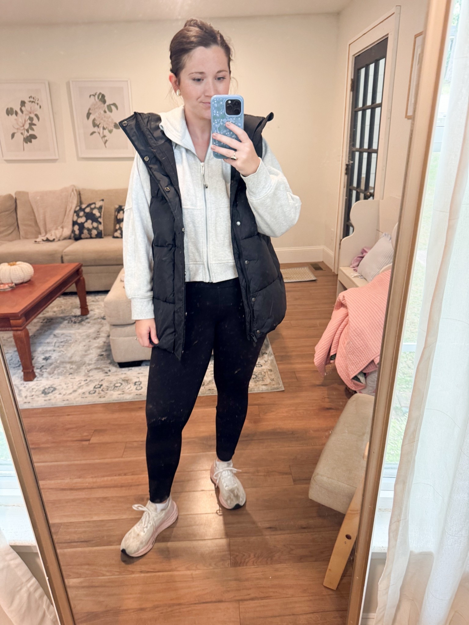 Athleisure outfit. Puffer vest. Leggings 