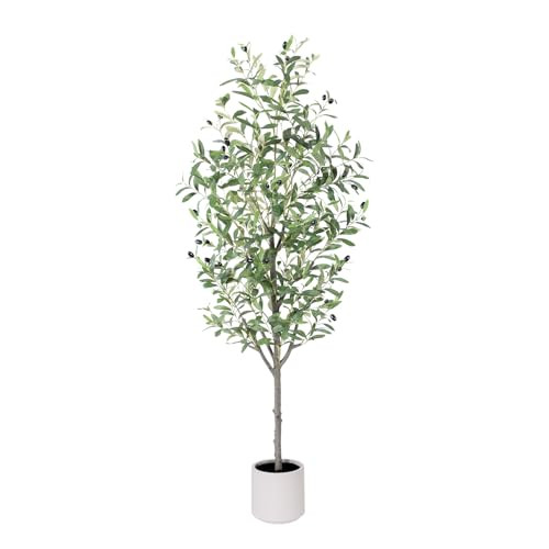 AQUGQ Olive Tree Artificial Indoor, 5ft Tall Silk Faux Olive Tree with White Planter, Artificial Plants with Natural Wood Trunk and Lifelike Fruits for Home Office Decor | Amazon (US)