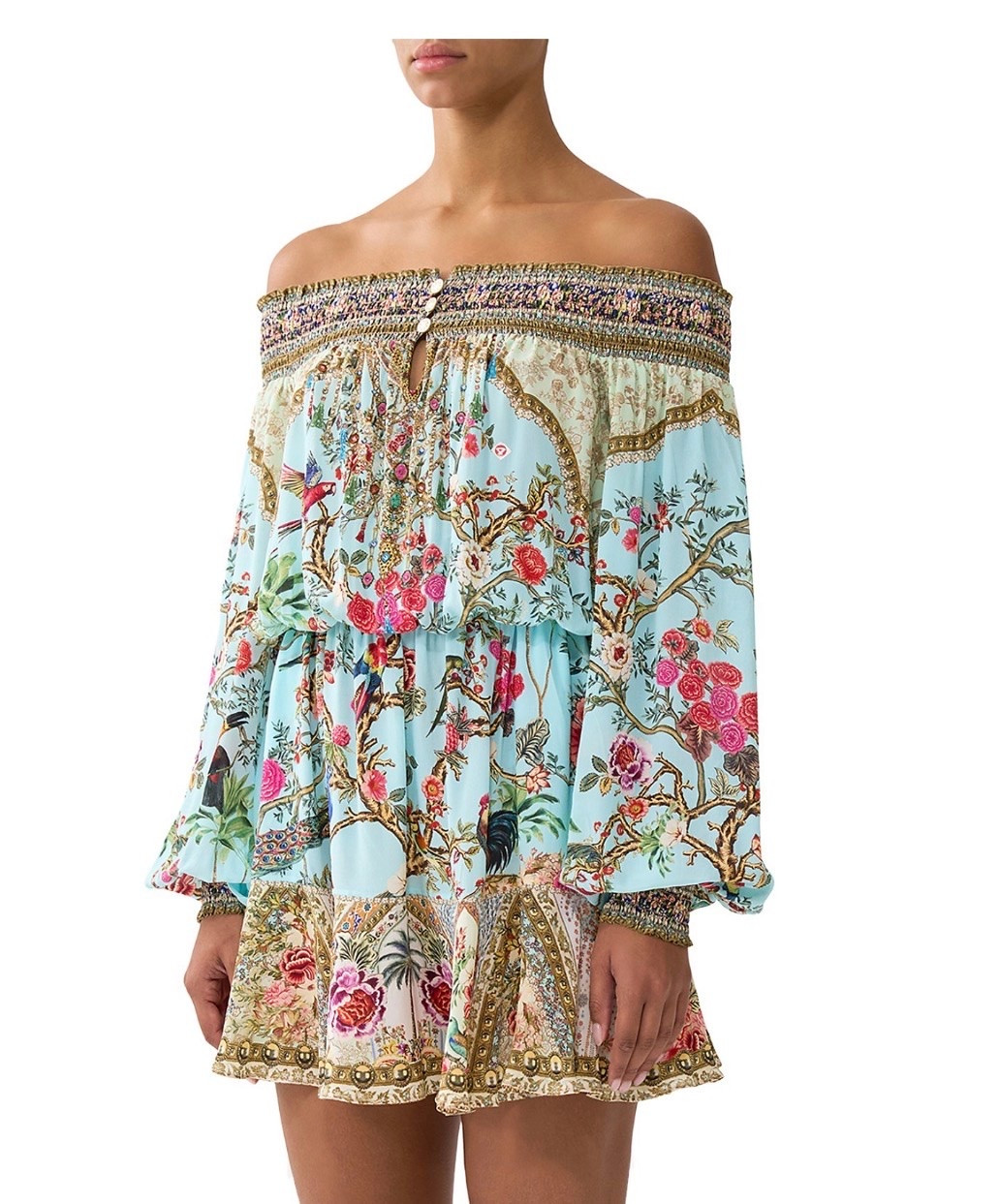 Camilla Silk Off The Shoulder Mini Dress

 Smocked off-the-shoulder neck
• Blouson sleeves, smocked elasticized cuffs
• Pullover style, triple-button detail at front keyhole

#LTKSeasonal #LTKTravel #LTKSwim