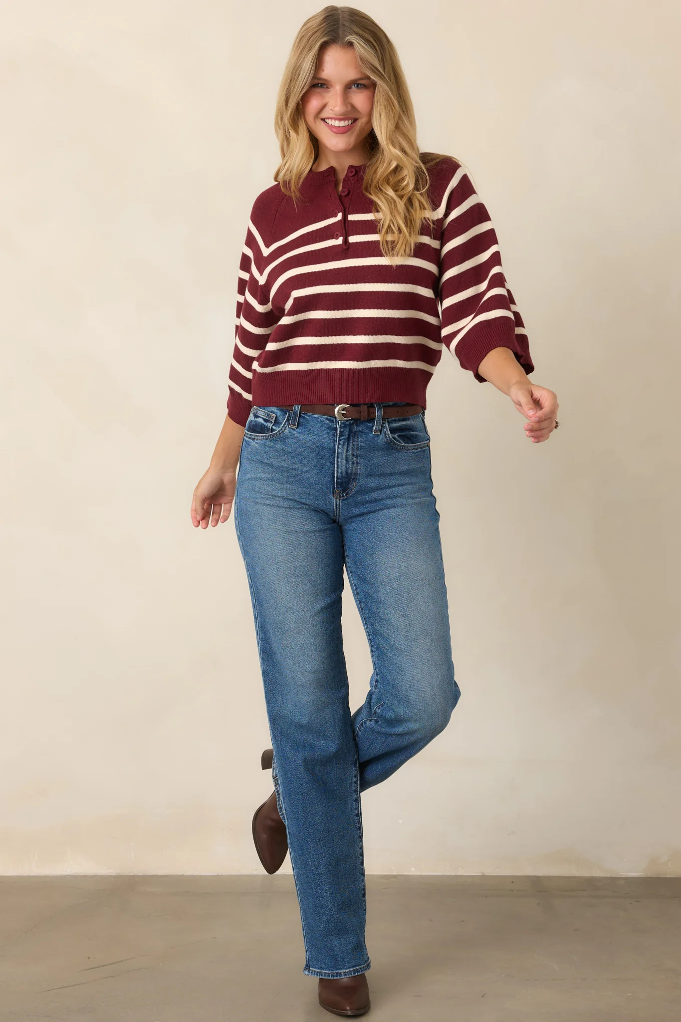 Right in Line Burgundy & Ivory Striped Henley Knit Sweater | Red Dress
