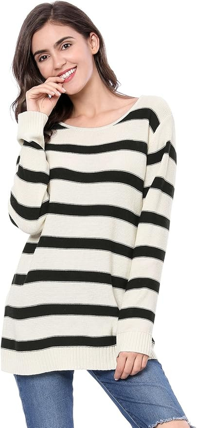 Allegra K Women's Fall Tops 2025 Striped Drop Shoulder Round Neck Long Sleeves Pullover Sweater | Amazon (US)