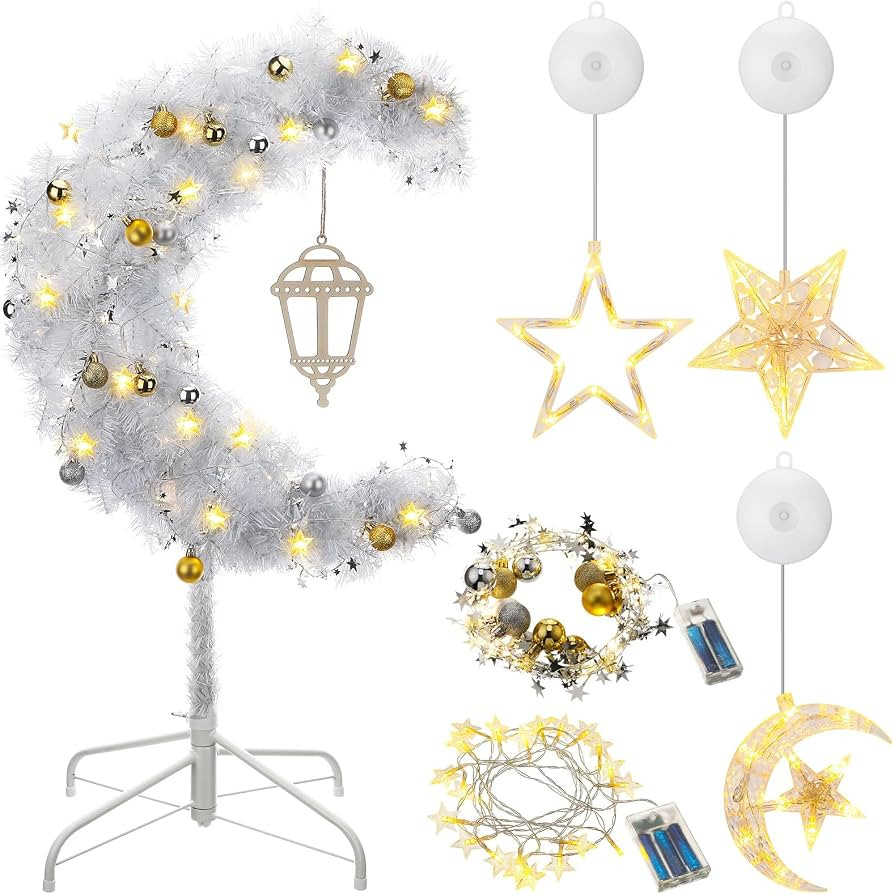 Eid Outdoor Decoration 3ft Lighted Ramadan Mubarak Crescent Tree with Star String LED Artificial ... | Amazon (UK)