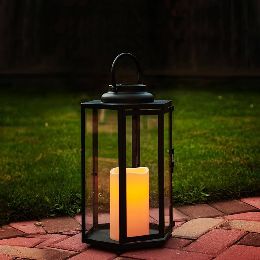 LampLust Outdoor Solar Powered Decorative Lantern with Flameless Candle 14 Inch, Black Metal with... | Amazon (US)