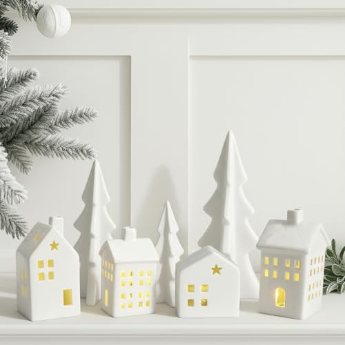 Newtay 7 Pcs Ceramic Christmas Village Set 4 LED Light up White Ceramic Village Houses with 3 Xmas Trees Xmas Figurines for Farmhouse Rustic Indoor Home Mantel Table DIY Display Holiday Decoration | Amazon (US)