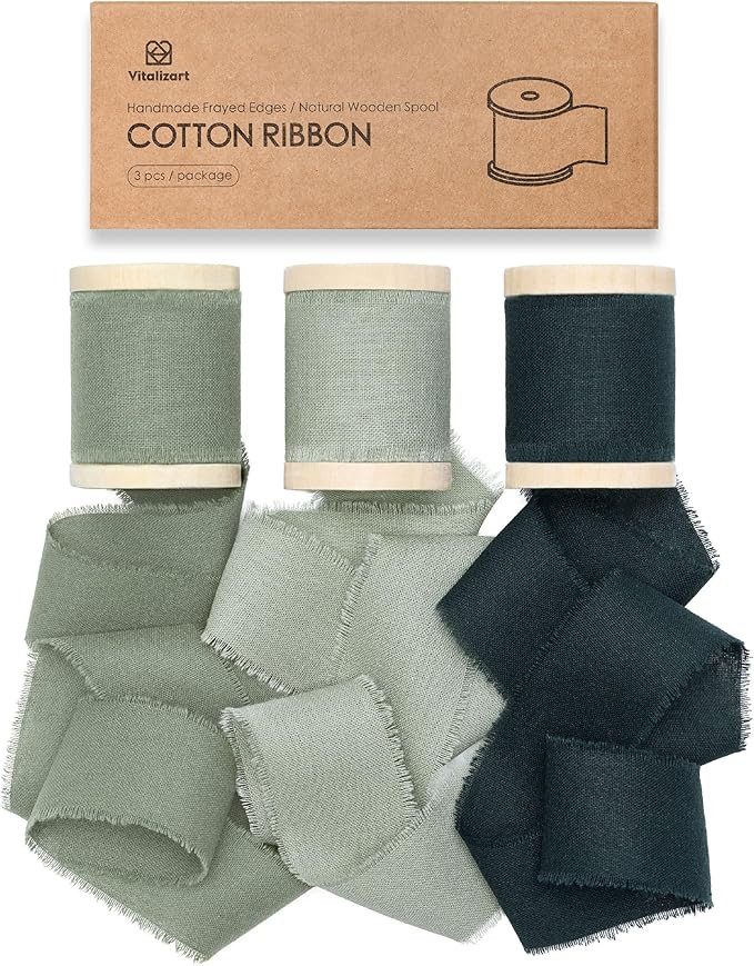 Vitalizart Green Ribbon 1-1/2" x 15 Yd 100% Cotton Handmade Frayed Fringe Fabric Ribbons for Gift... | Amazon (US)