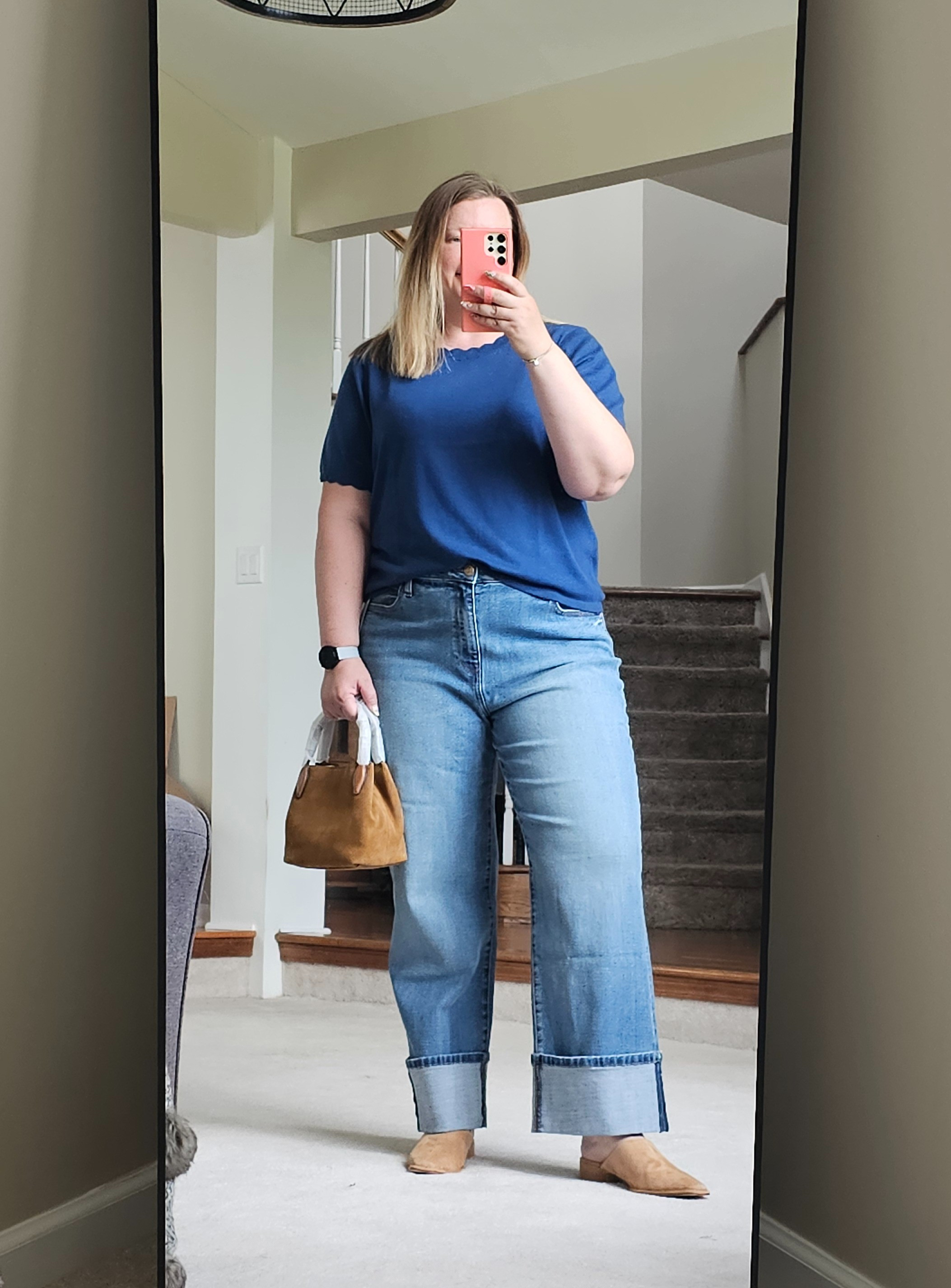 This scalloped sleeve top is super cute and would be great for the office.  It is itchy if you are sensitive to that.  Wearing an XXL. Denim size 18.  Shoes TTS. Bag available in 2 other colors. 

#LTKOver40 #LTKFindsUnder100 #LTKSaleAlert