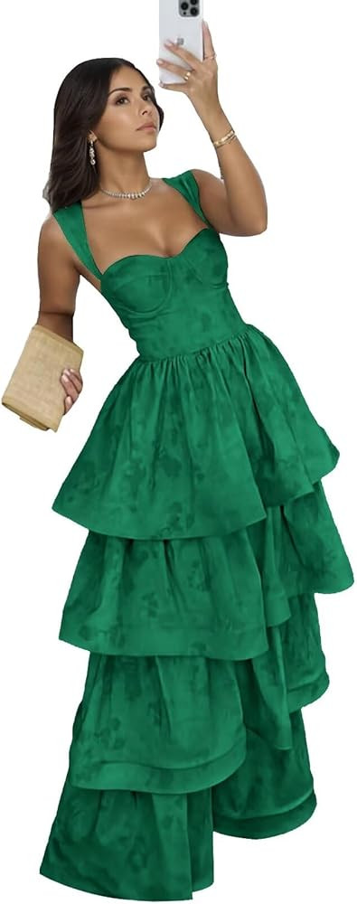 Jacquard Satin Prom Dress Tiered Ball Gown Sweetheart Prom Dresses Ruffle Formal Dress Sleeveless... | Amazon (US)