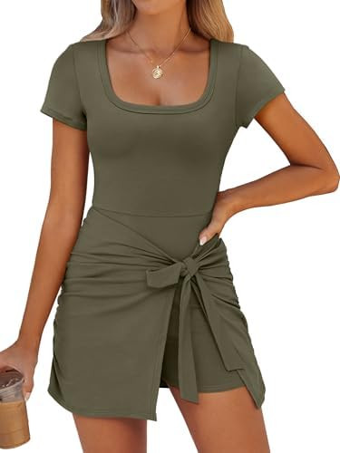 Caracilia Women Summer Short Sleeve Square Neck Bodycon Tie Cinched Waist Romper Mini Dress Athle... | Amazon (US)