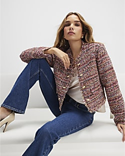 Red Boucle Edge To Edge Jacket | River Island UK & IE