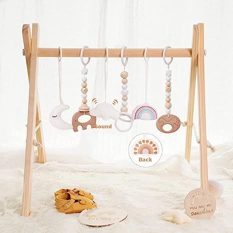 Baby Play Gym Wooden Baby Gym with 6 Toys Foldable Baby Play Gym Frame Activity Gym Hanging Bar N... | Amazon (US)