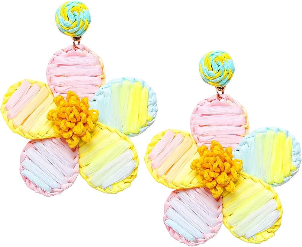 Statement Raffia Flower Earrings for Women Handmade Lightweight Layered Rattan Earrings for Girls | Amazon (US)