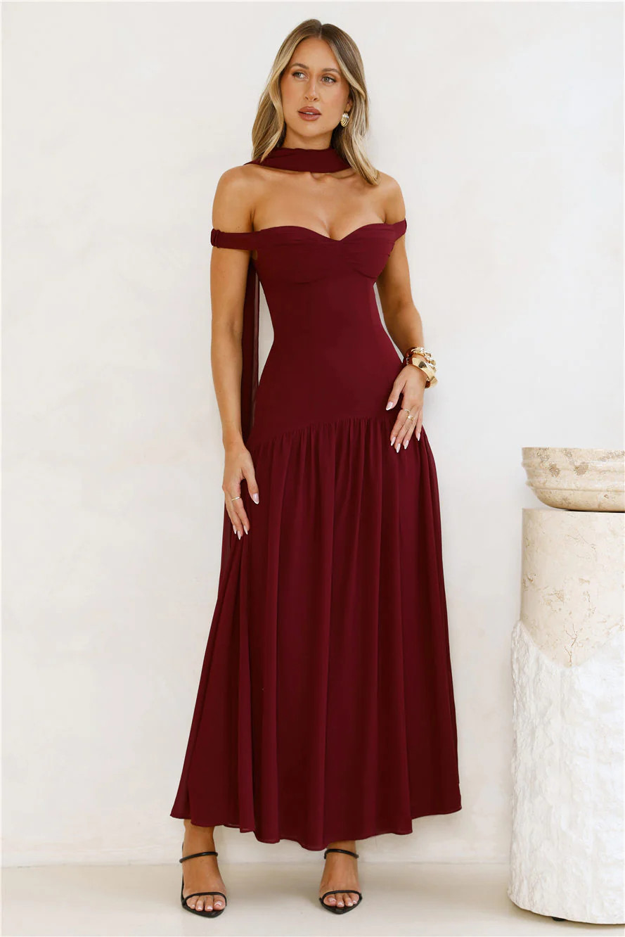 The Style Spotlight Off Shoulder Maxi Dress Burgundy | Hello Molly (US)