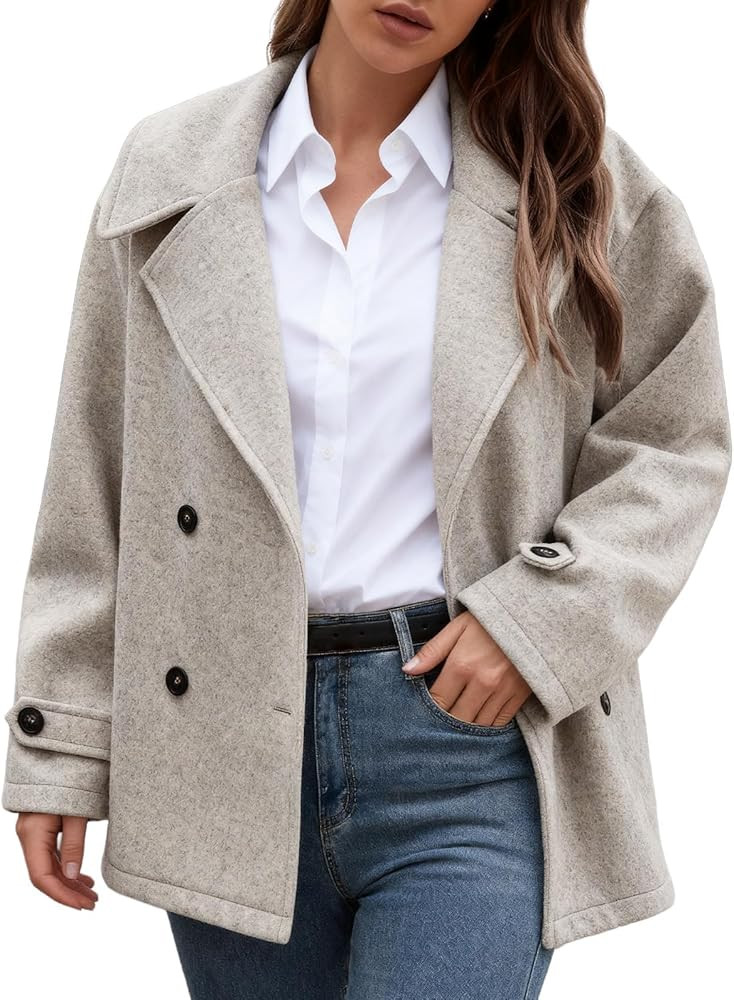 Women's Double Breasted Wool Peacoat, Winter Loose Fit Cropped Blazer Jacket for Office Wear | Amazon (US)