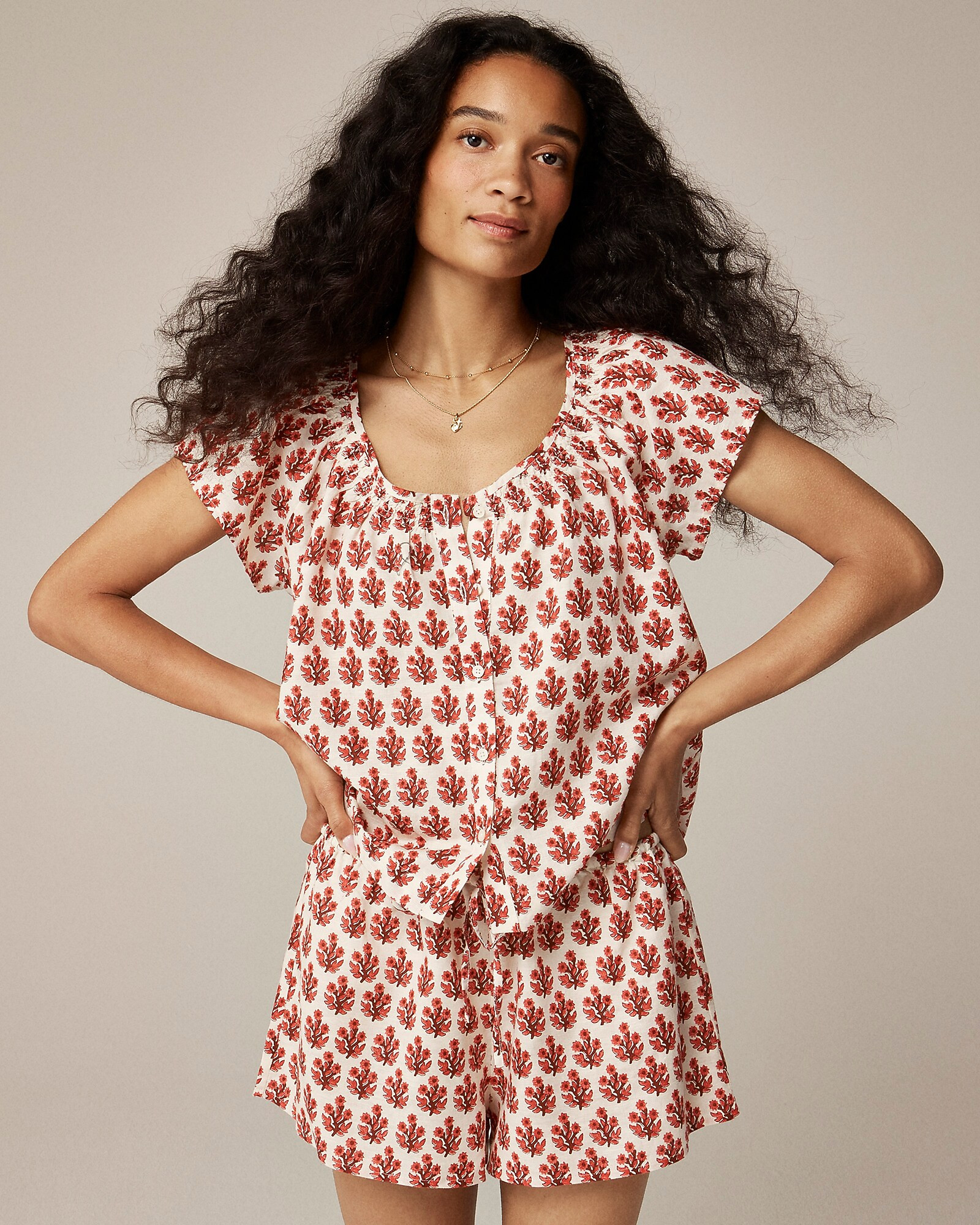 Linen-cotton blend flutter-sleeve pajama short set in floral print | J. Crew US