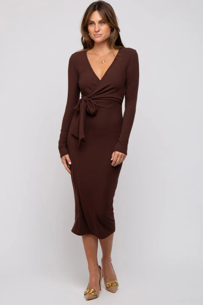 Brown Ribbed Long Sleeve Wrap Dress | PinkBlush Maternity