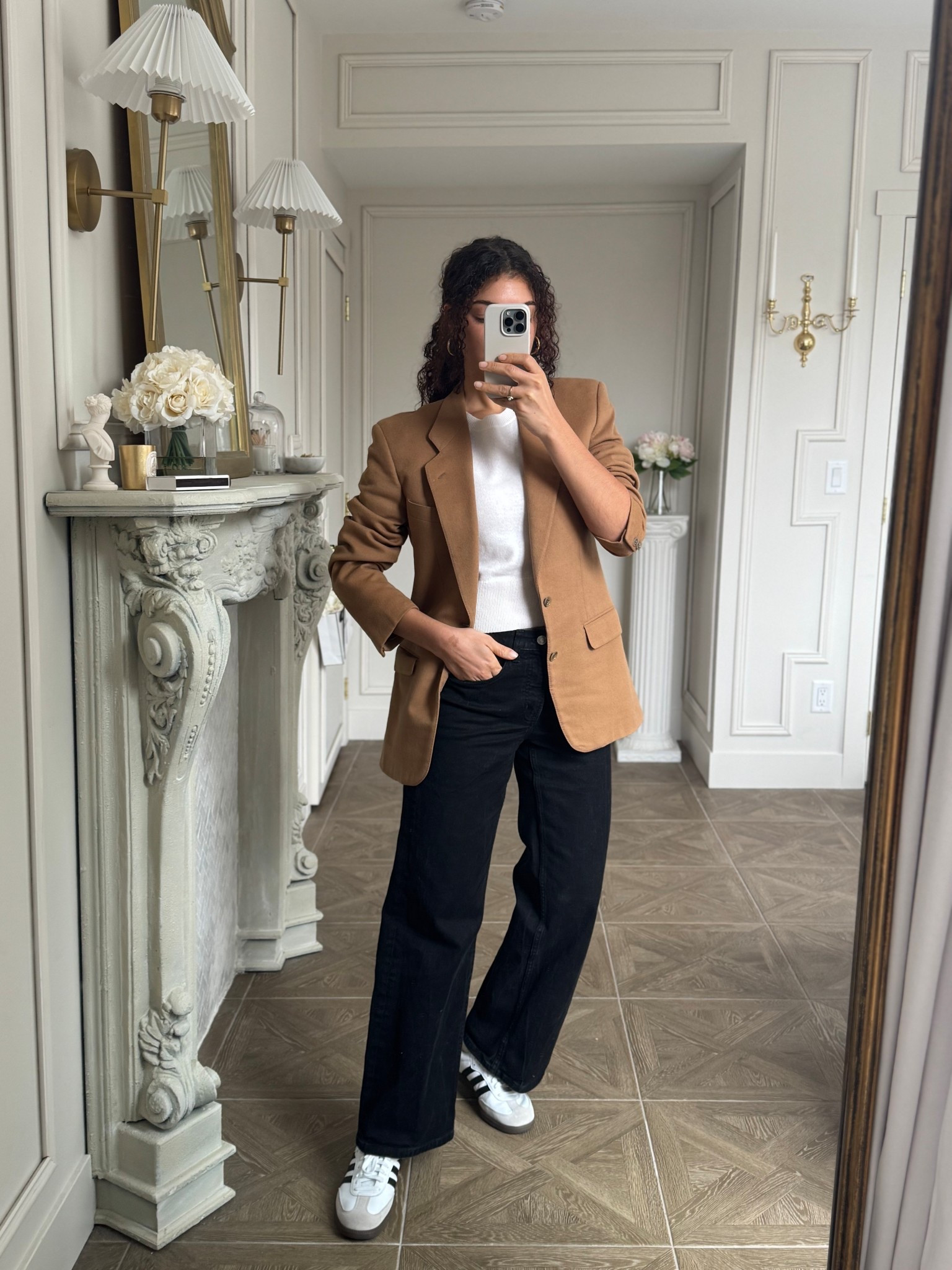Black jeans outfit with sweater, Adidas Samba sneakers, and camel brown oversized blazer ￼

#LTKootd