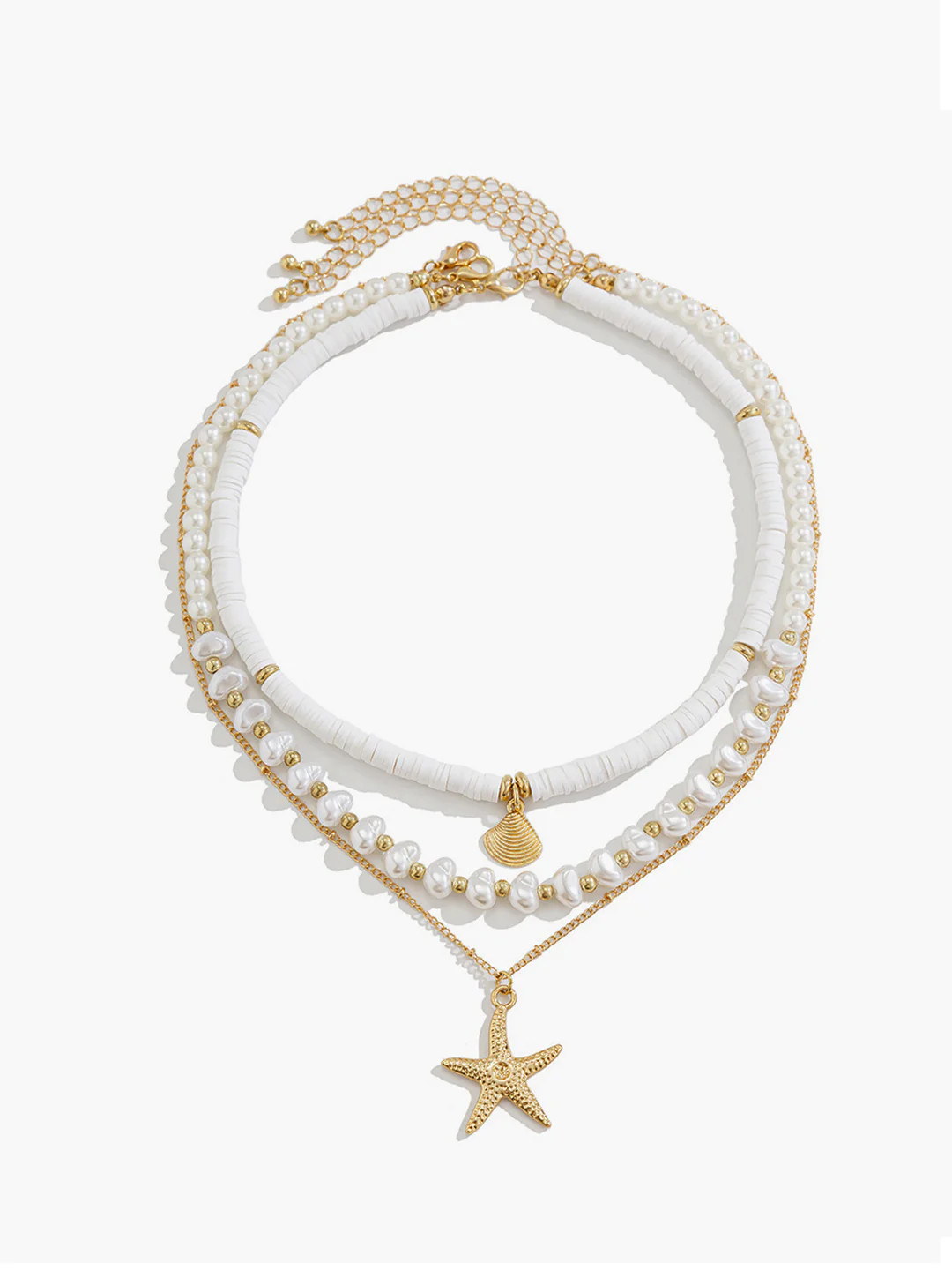 Pearl & Shell Layered Necklace With Starfish Pendant | Commense