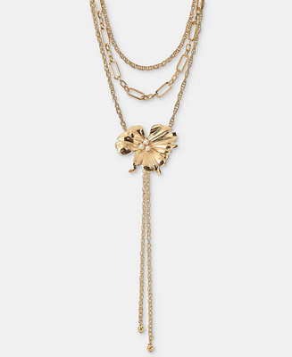 Imitation Pearl Flower Layered Lariat Necklace, 16-1/2" + 3" extender | Macy's