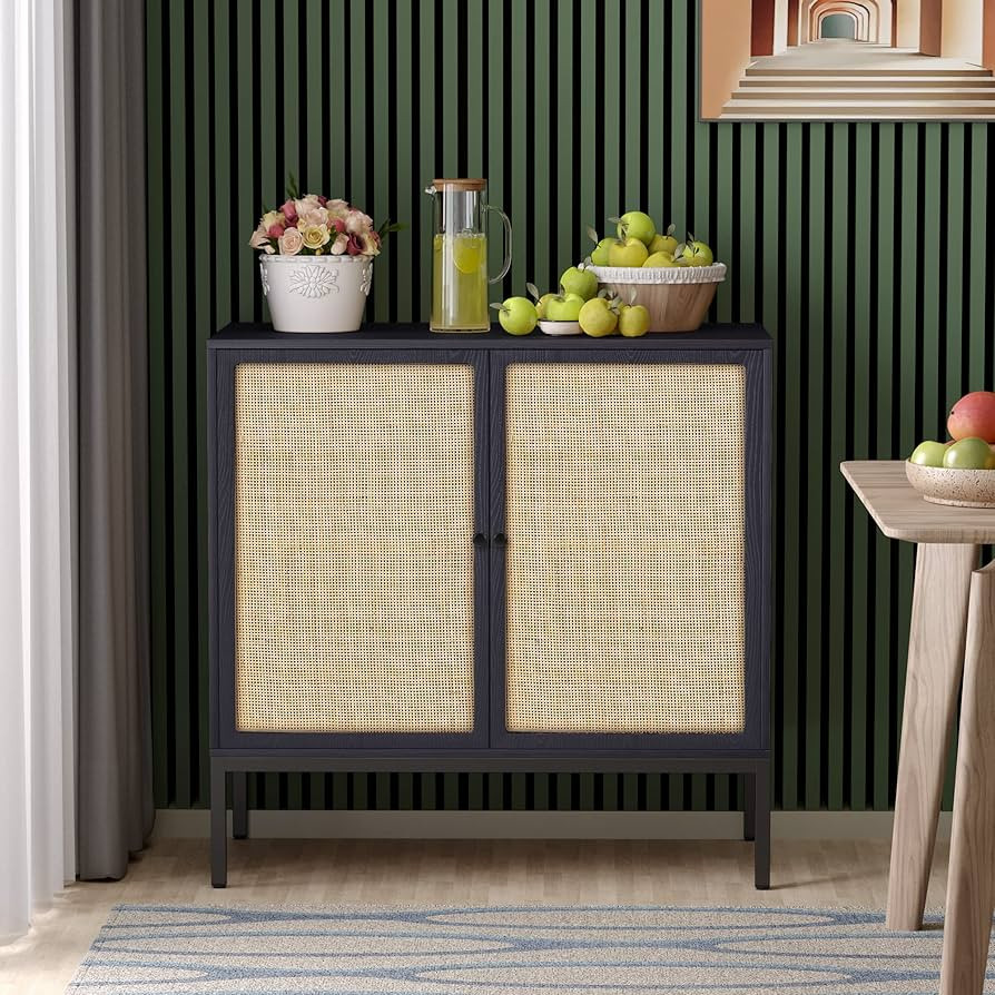 Yechen Storage Cabinet with 2 Handmade Natural Rattan Doors, Console Table Sideboard Cabinet Buff... | Amazon (US)