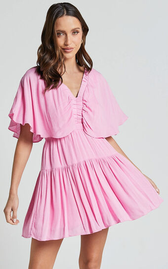 Heidi Mini Dress - Ruffle sleeve Tiered Dress in Pink | Showpo (US, UK & Europe)