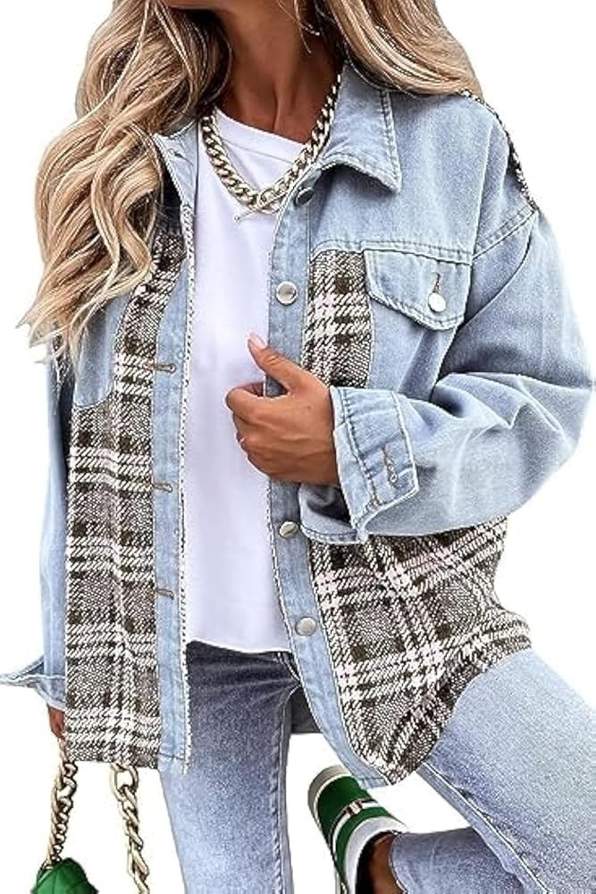 SHEWIN Women's Oversized Denim Jacket Casual Long Sleeve Button Down Plaid Shacket Boyfriend Jean... | Amazon (US)
