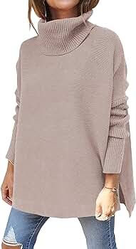 ANRABESS Women's Turtleneck Oversized 2021 Winter Long Batwing Sleeve Spilt Hem Knit Tunic Pullov... | Amazon (US)