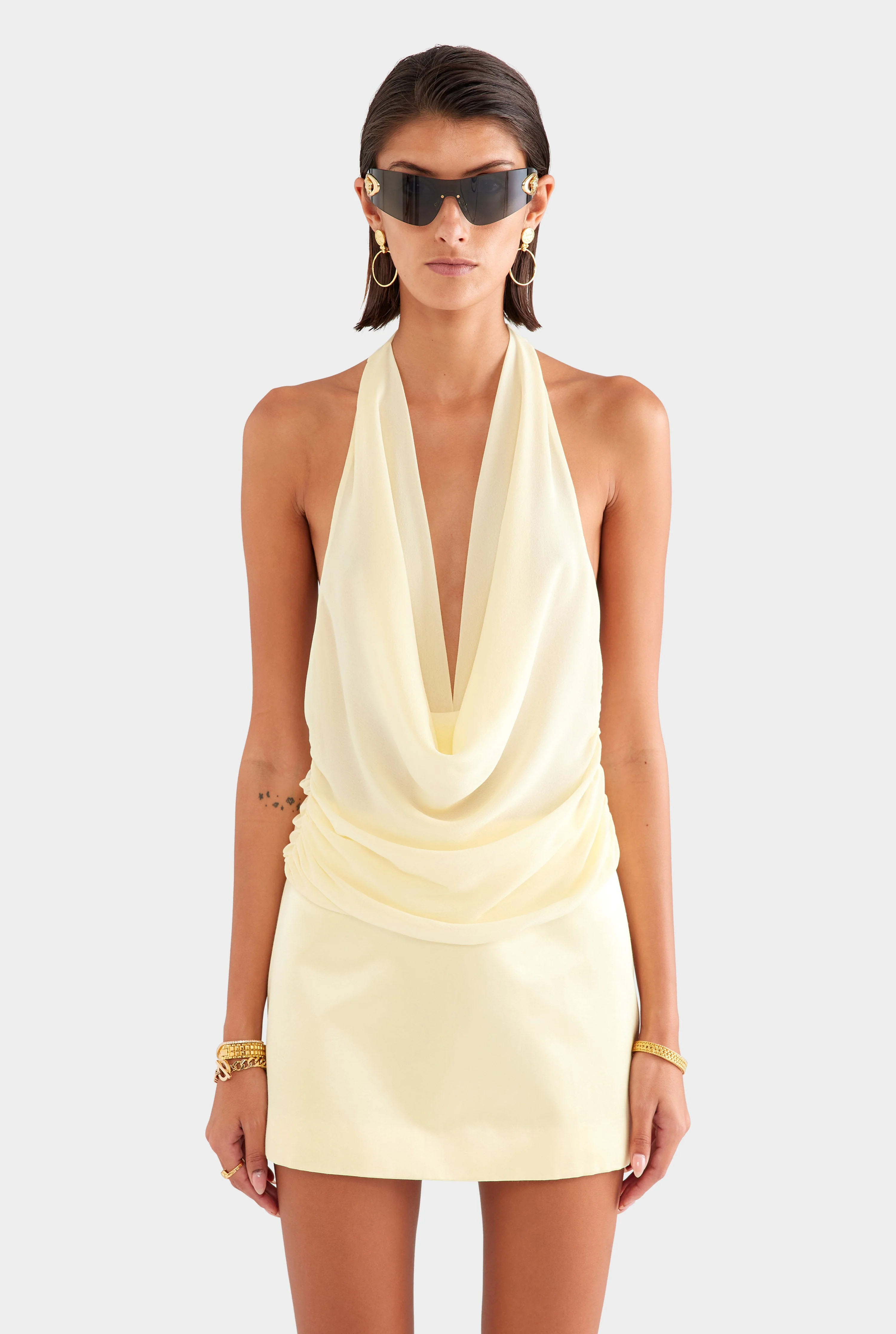 Deep Cowl Sheer Silk Halter in Pastel Yellow | Venroy | Venroy AU
