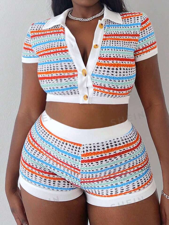 SHEIN Slayr Casual & Vacation & Daily Wear Women's Plus Size 2-Piece Set, Short Sleeve Shirt With... | SHEIN