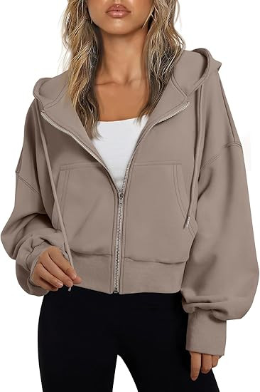 Trendy Queen Hoodies for Women Full Zip Up Cropped Sweatshirts Jackets Casual Comfy Gym Tops Fall... | Amazon (US)