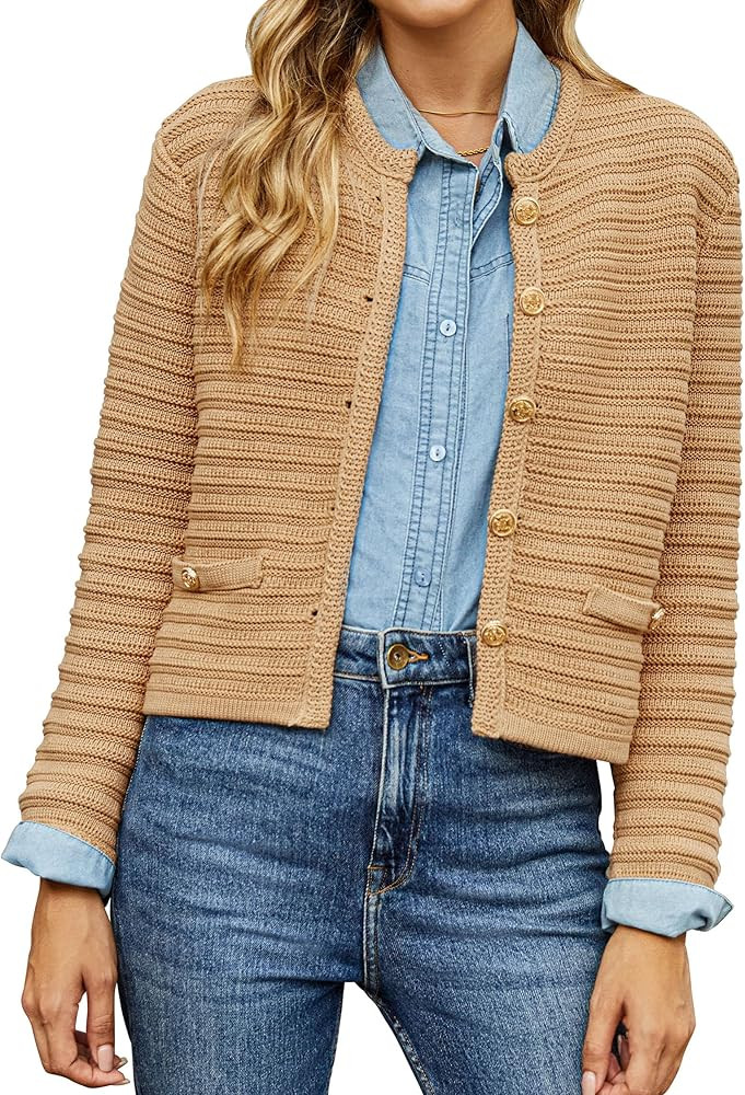 Womens Open Front Button Down Long Sleeve Pockets Chunky Knit Cardigan Sweaters | Amazon (US)